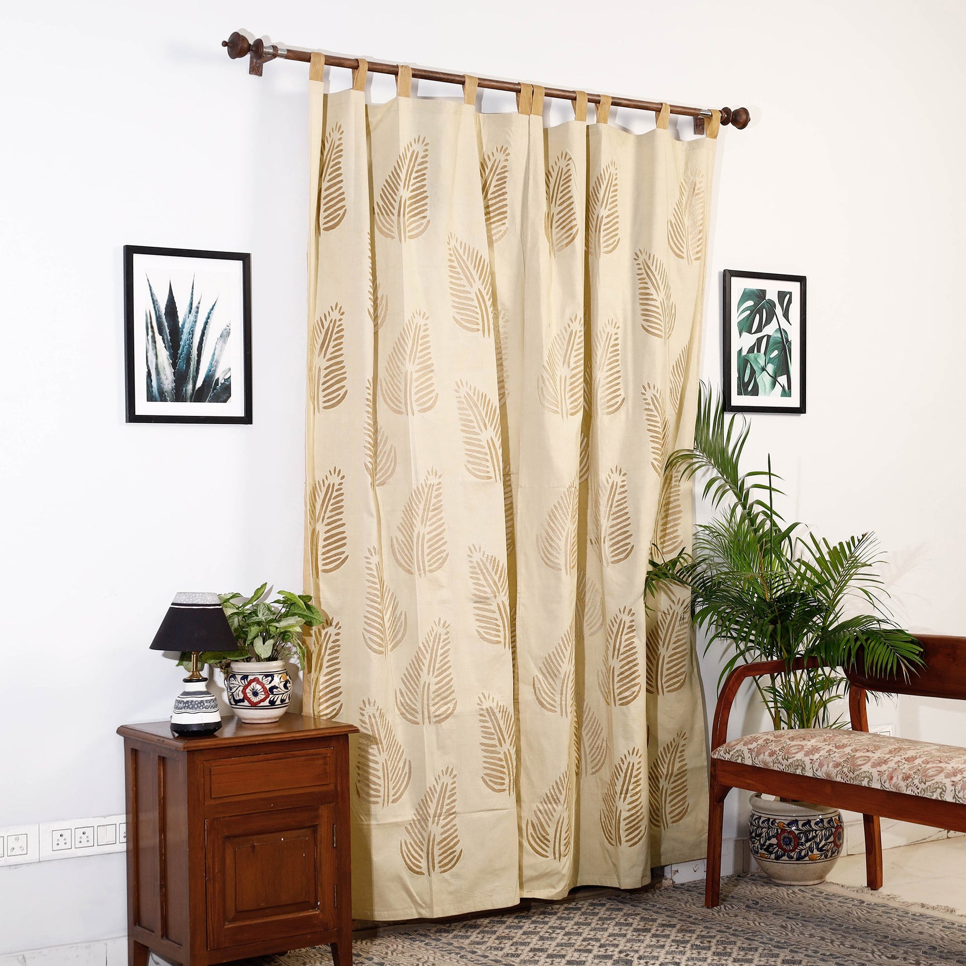 Beige - Leaves Cutwork Cotton Barmer Applique Door Curtain