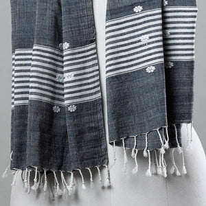 Black - Assam Weave Handloom Cotton Thread Motifs Stole with Tassels