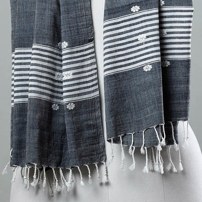 Black - Assam Weave Handloom Cotton Thread Motifs Stole with Tassels