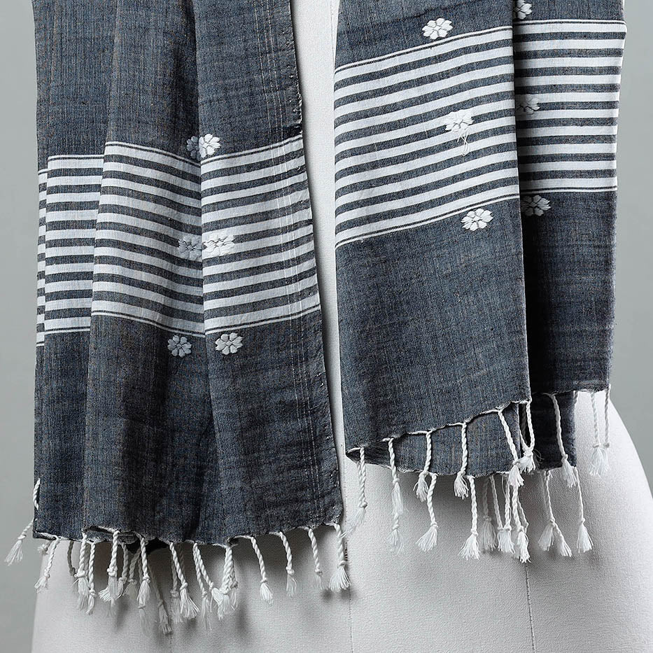 Black - Assam Weave Handloom Cotton Thread Motifs Stole with Tassels