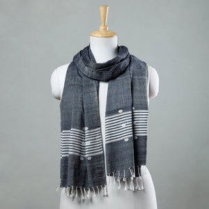 Black - Assam Weave Handloom Cotton Thread Motifs Stole with Tassels