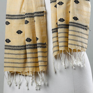 Beige - Assam Weave Handloom Cotton Thread Motifs Stole with Tassels