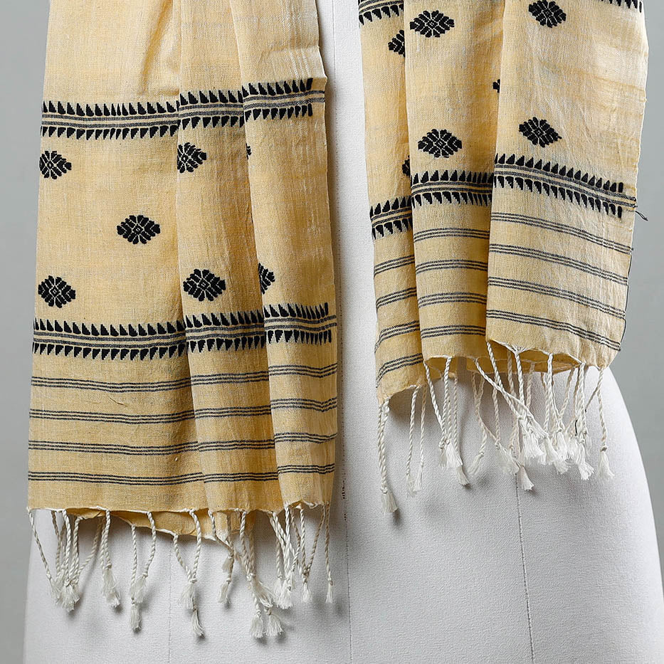 Beige - Assam Weave Handloom Cotton Thread Motifs Stole with Tassels