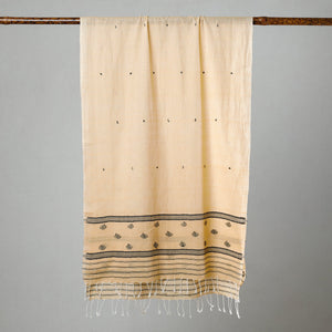 Beige - Assam Weave Handloom Cotton Thread Motifs Stole with Tassels