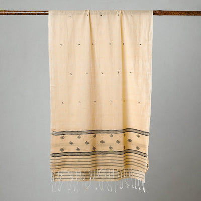 Beige - Assam Weave Handloom Cotton Thread Motifs Stole with Tassels