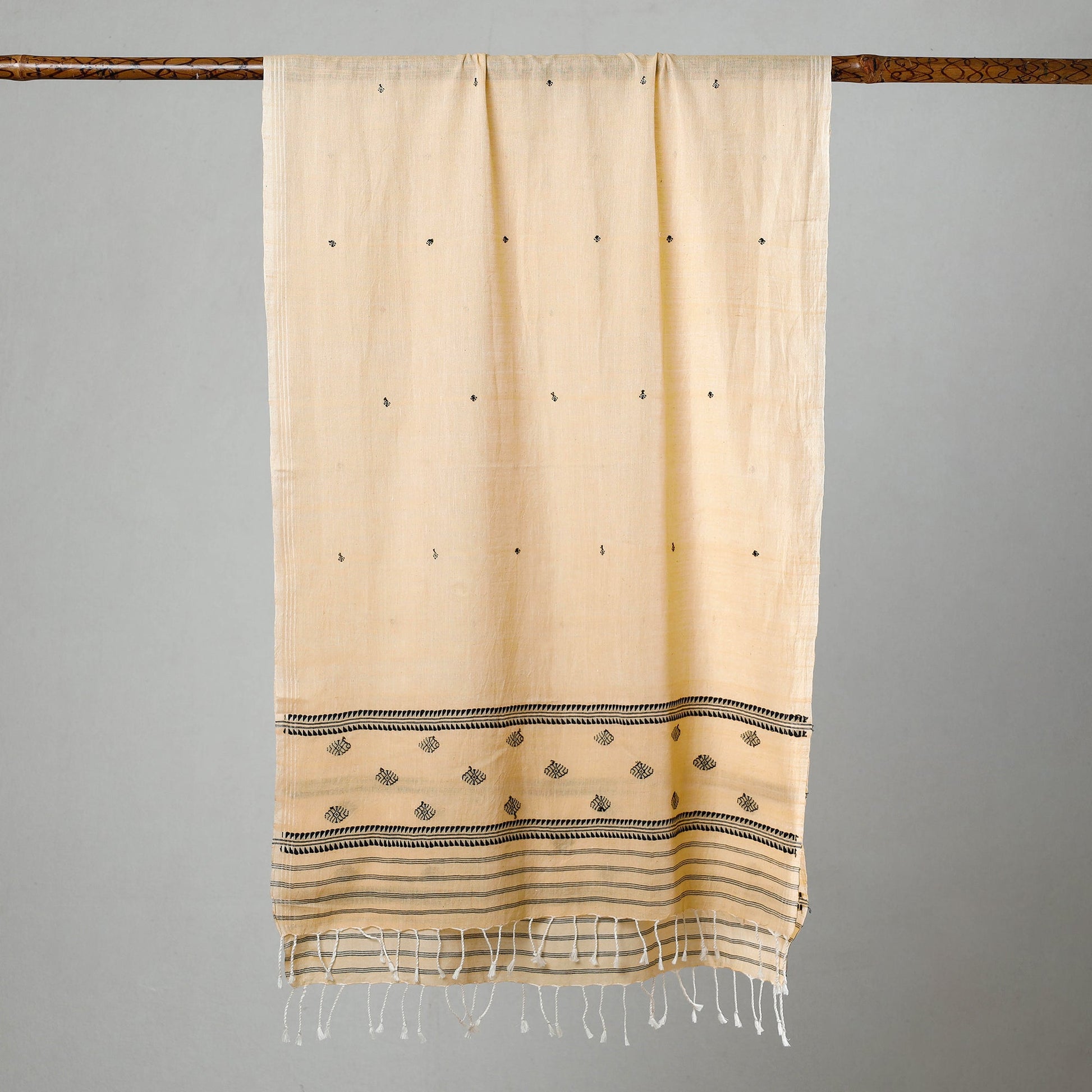Beige - Assam Weave Handloom Cotton Thread Motifs Stole with Tassels