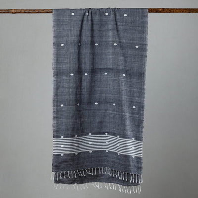 Black - Assam Weave Handloom Cotton Thread Motifs Stole with Tassels