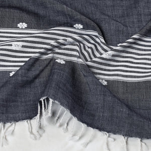 Black - Assam Weave Handloom Cotton Thread Motifs Stole with Tassels