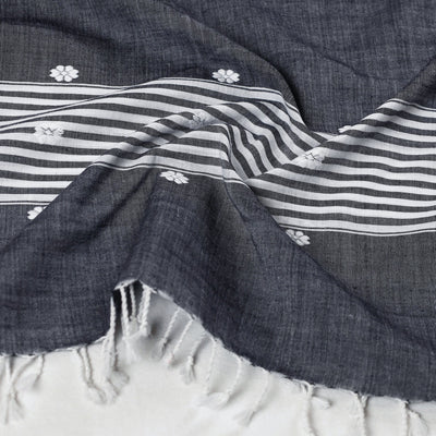 Black - Assam Weave Handloom Cotton Thread Motifs Stole with Tassels