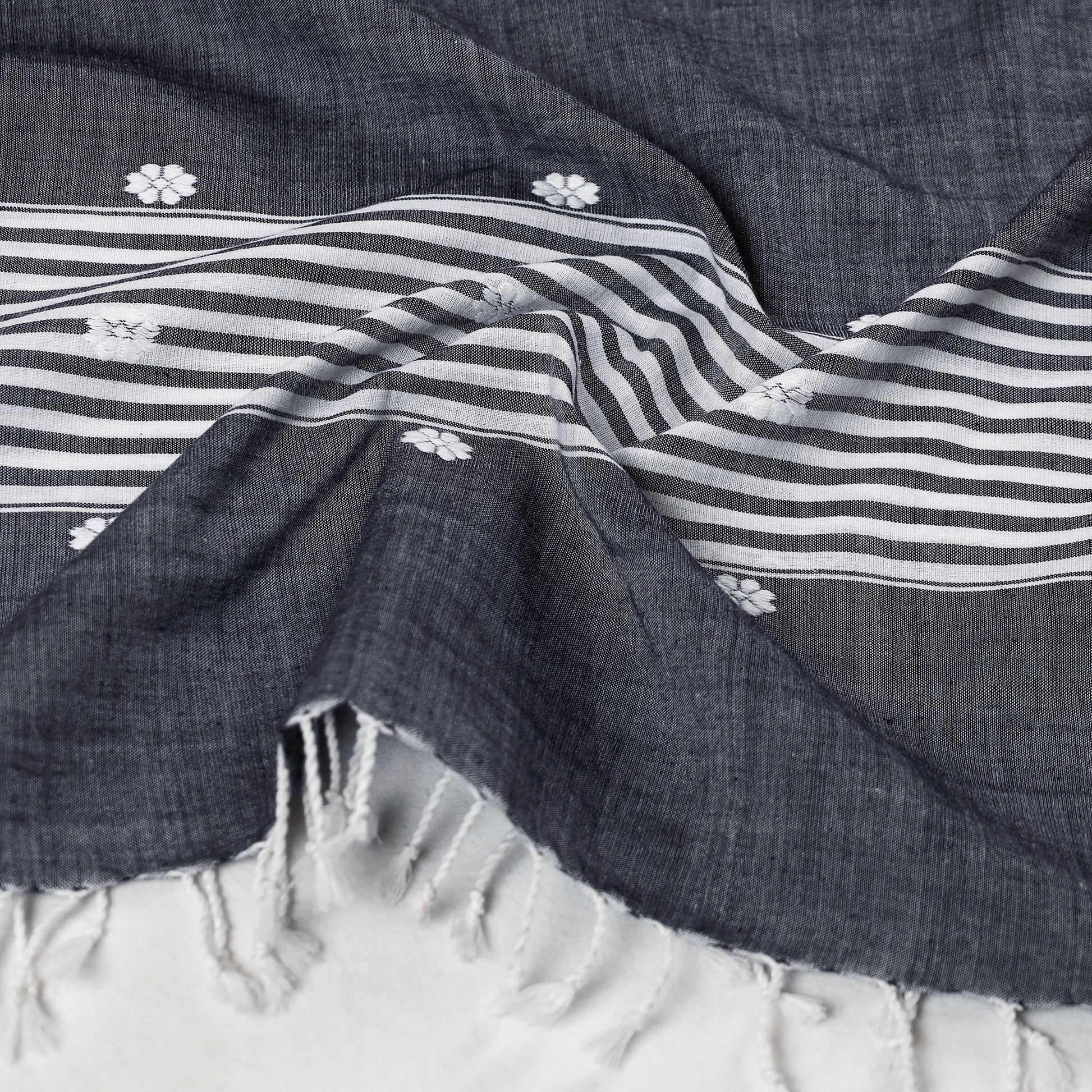 Black - Assam Weave Handloom Cotton Thread Motifs Stole with Tassels