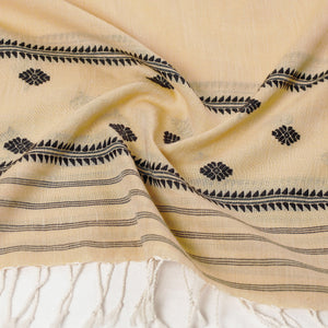 Beige - Assam Weave Handloom Cotton Thread Motifs Stole with Tassels