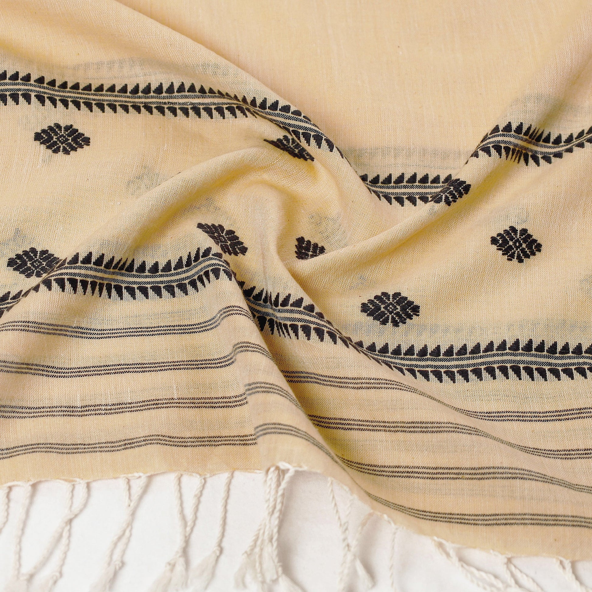 Beige - Assam Weave Handloom Cotton Thread Motifs Stole with Tassels