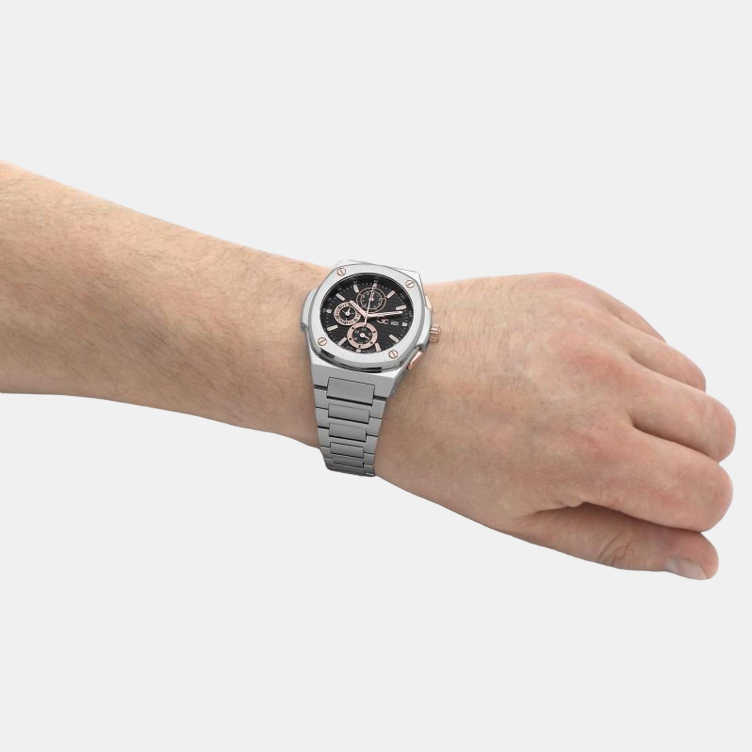 Coussin Shape Men Quartz Black Dial Chronograph Stainless Steel Watch Y99001G2MF