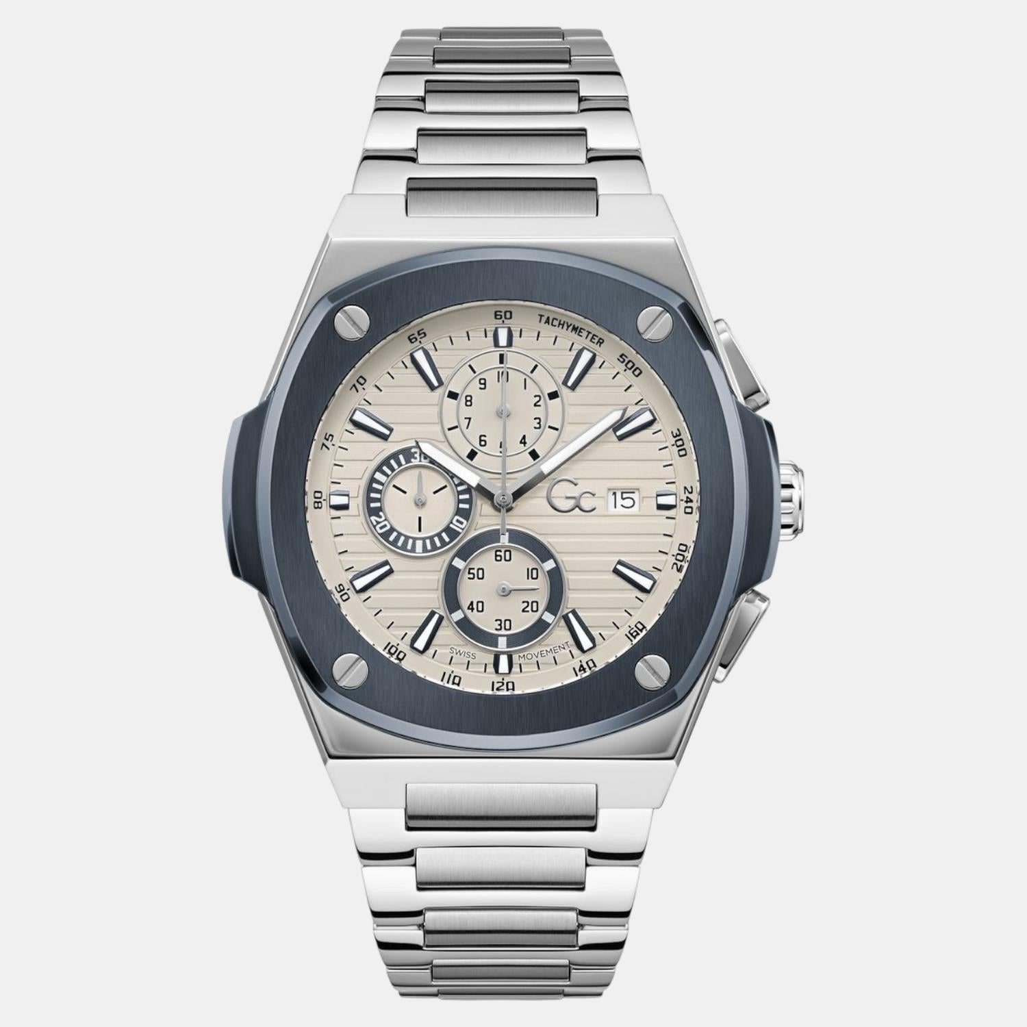 Coussin Shape Men Quartz Beige Dial Chronograph Stainless Steel Watch Y99023G1