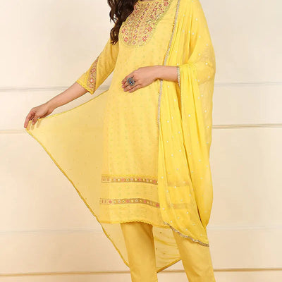 Yellow Cotton Embroidered Straight Suit Set JPSKD1052YLW