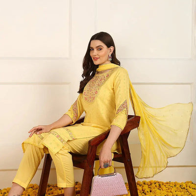 Yellow Cotton Embroidered Straight Suit Set JPSKD1052YLW