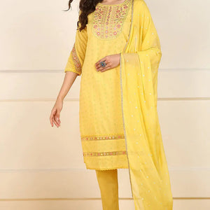 Yellow Cotton Embroidered Straight Suit Set JPSKD1052YLW