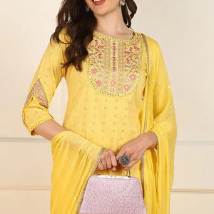 Yellow Cotton Embroidered Straight Suit Set JPSKD1052YLW