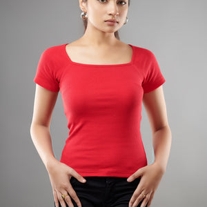 Red Square Neck Top