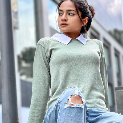 Long Sleeve Contrast Collar Top