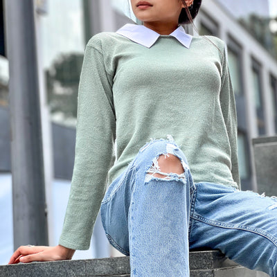 Long Sleeve Contrast Collar Top
