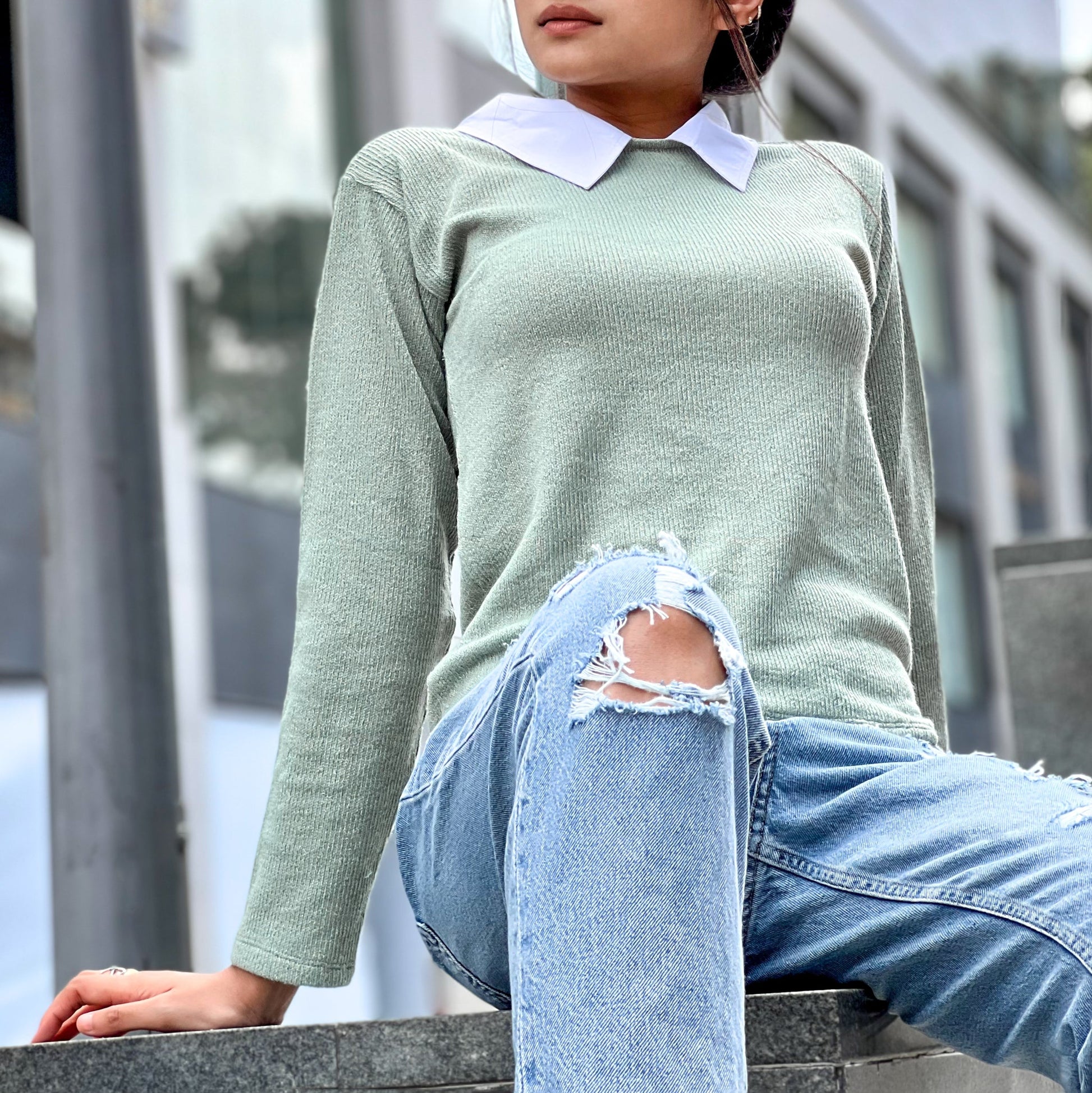 Long Sleeve Contrast Collar Top
