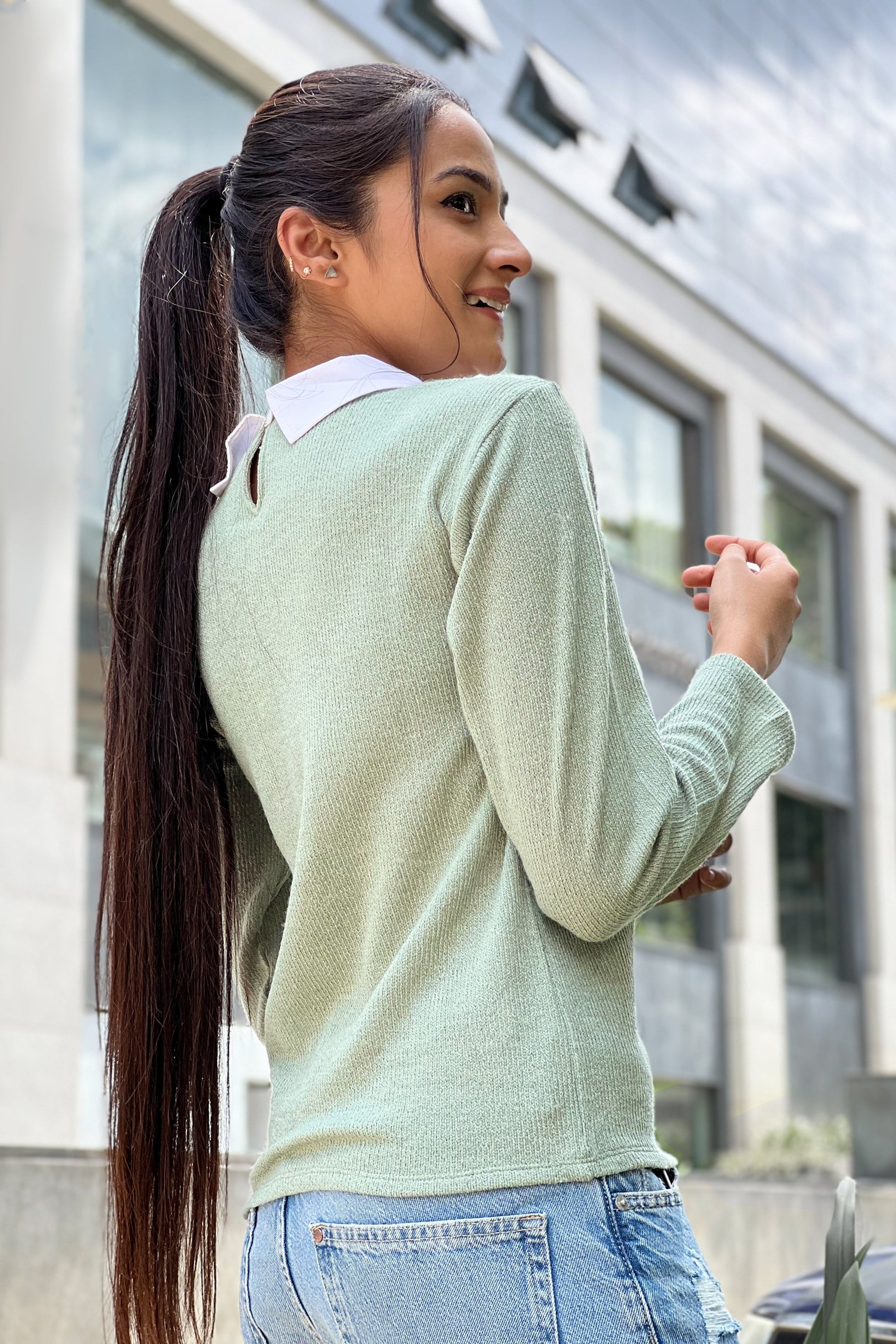 Long Sleeve Contrast Collar Top