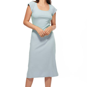 Blue Short Sleeve Midi Dress with Side Slits