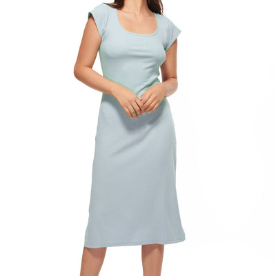 Blue Short Sleeve Midi Dress with Side Slits