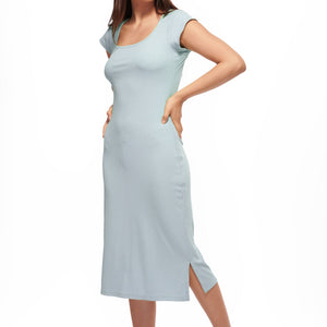Blue Short Sleeve Midi Dress with Side Slits