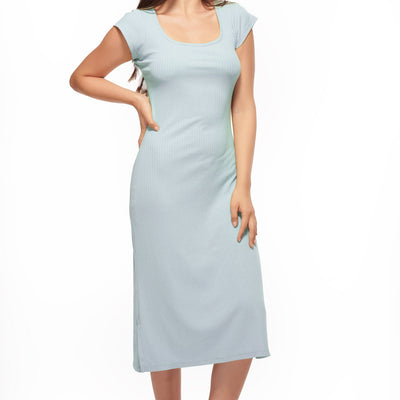 Blue Short Sleeve Midi Dress with Side Slits