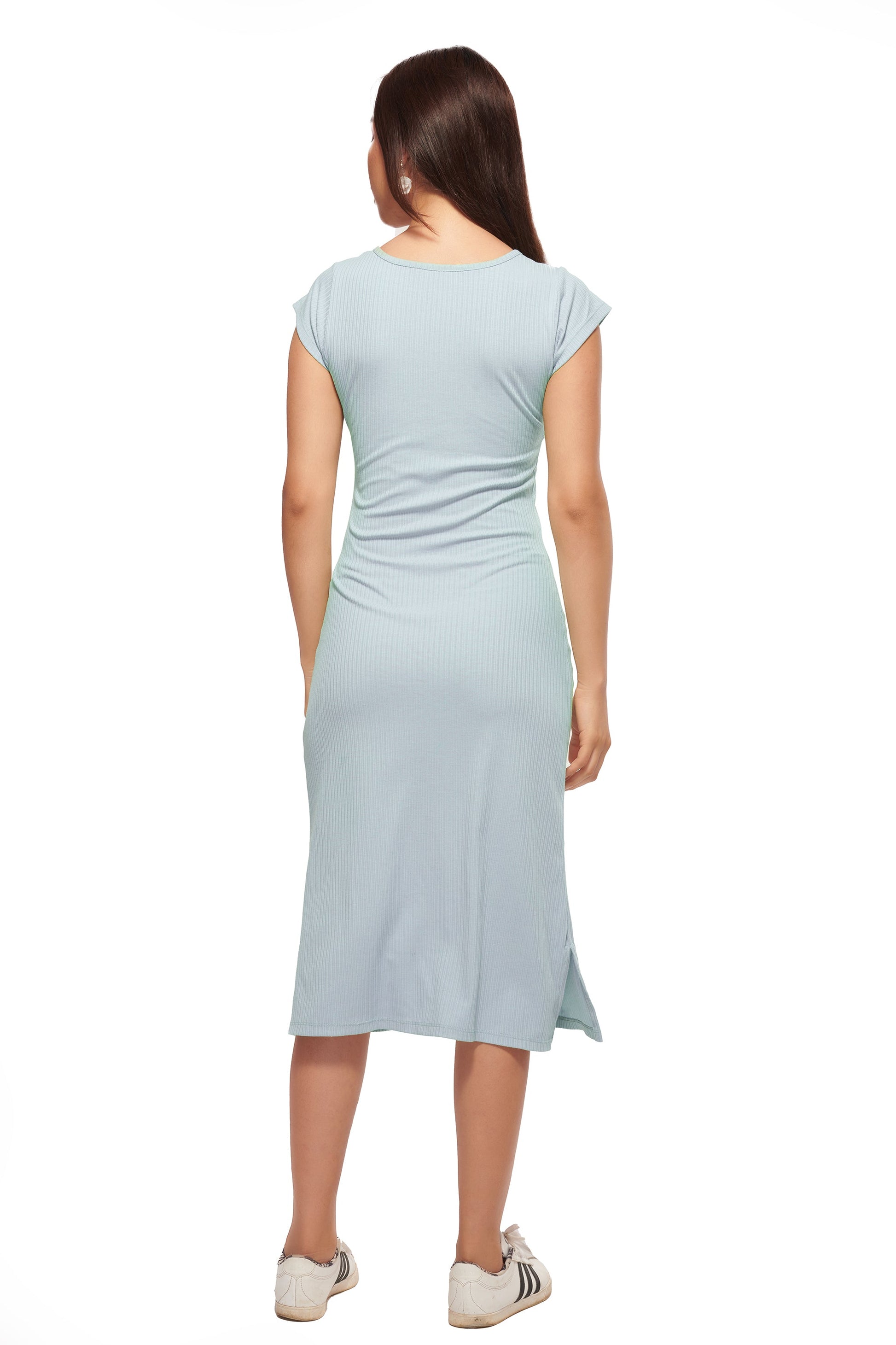 Blue Short Sleeve Midi Dress with Side Slits
