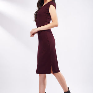 Wine Short Sleeve Midi Dress with Side Slits