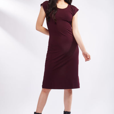 Wine Short Sleeve Midi Dress with Side Slits