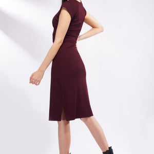 Wine Short Sleeve Midi Dress with Side Slits