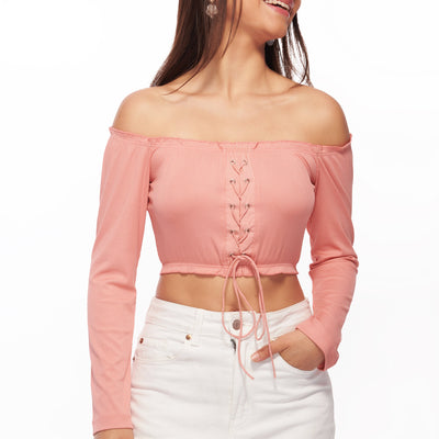 Pink Off-Shouldered Lace-up Top