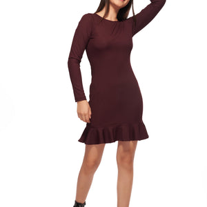 Wine Ruffle Bottom Straight Dress