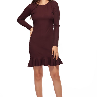 Wine Ruffle Bottom Straight Dress