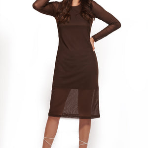 Brown Mesh Layered Midi Dress
