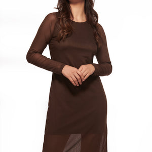 Brown Mesh Layered Midi Dress