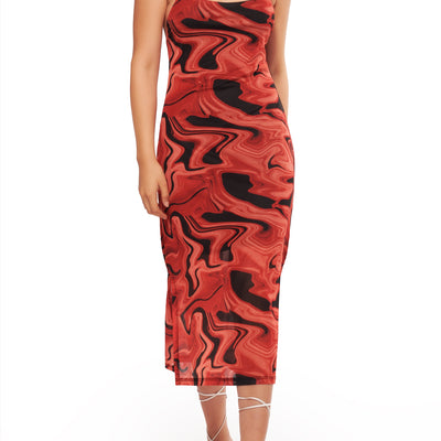 Printed Mesh Layered Midi Dress