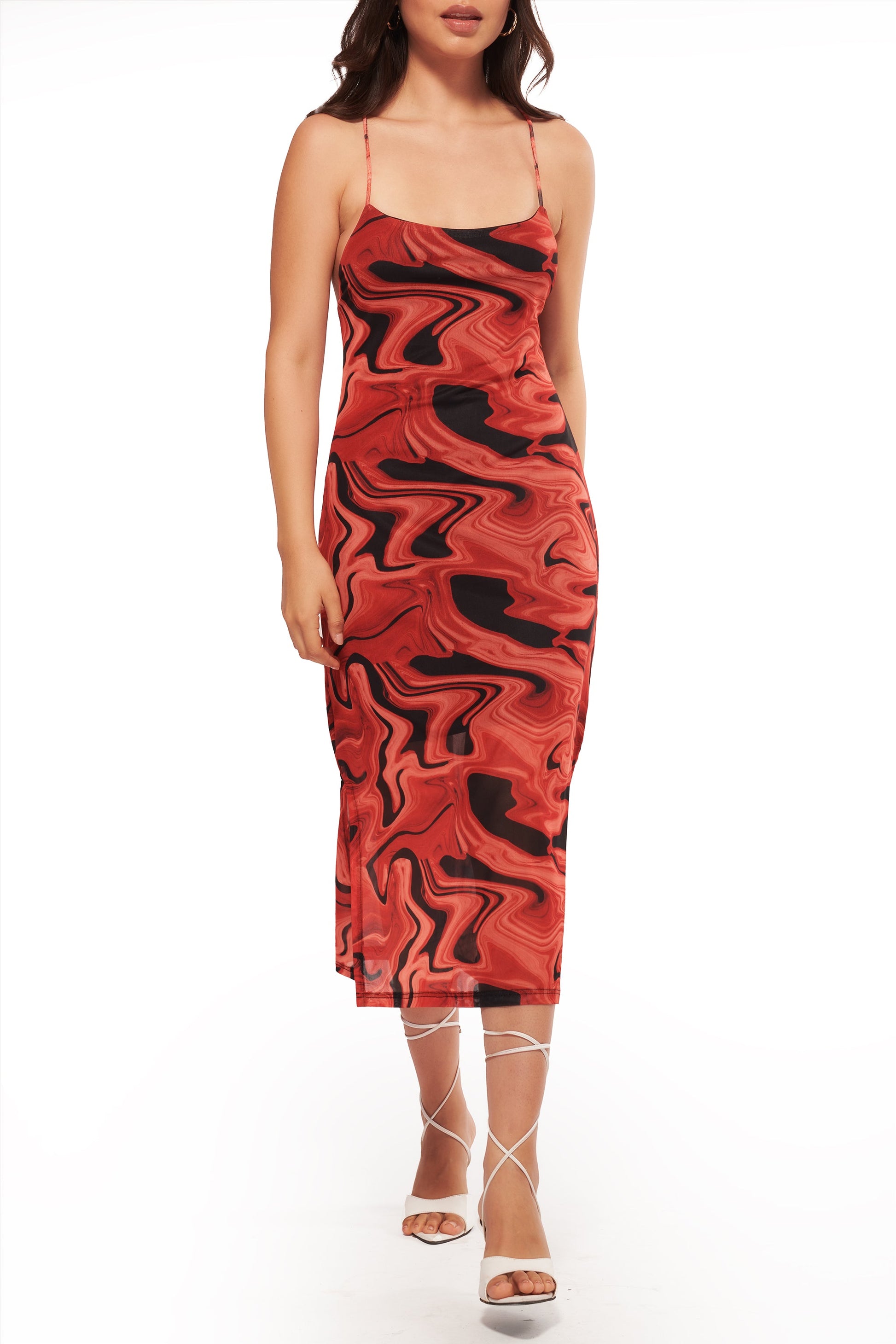 Printed Mesh Layered Midi Dress