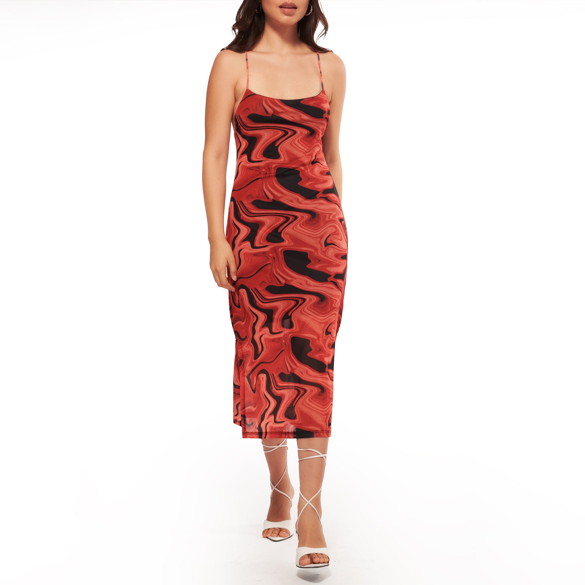 Printed Mesh Backless Dress