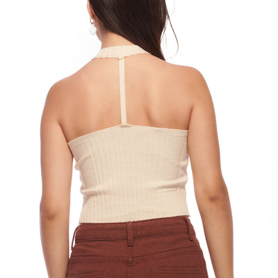 Beige Knit Zipper Front Crop Top