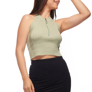 Beige Knit Zipper Front Crop Top