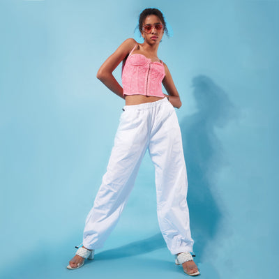 Pink Lace Corset Top & White Parachute Pants
