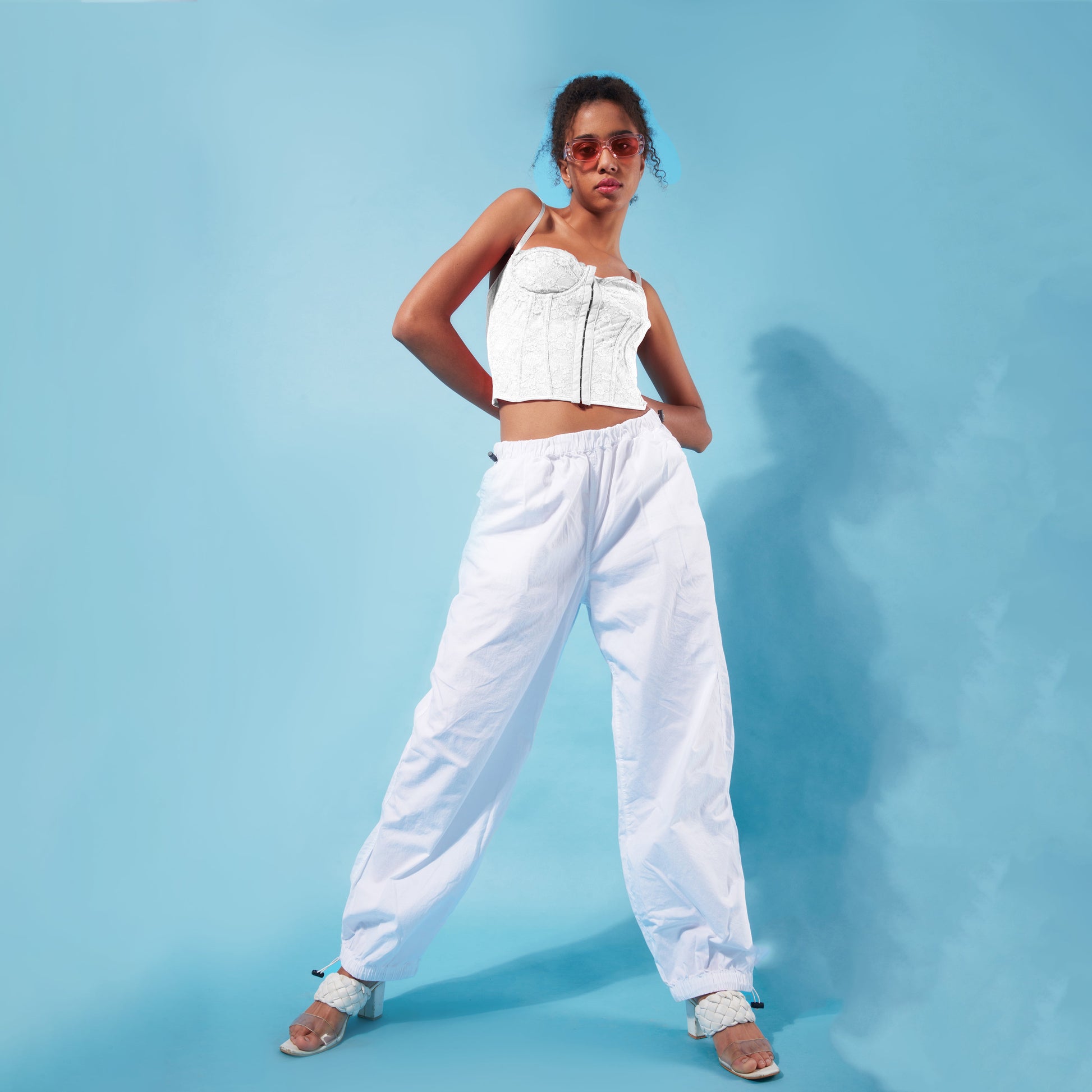White Lace Corset Top & White Parachute Pants