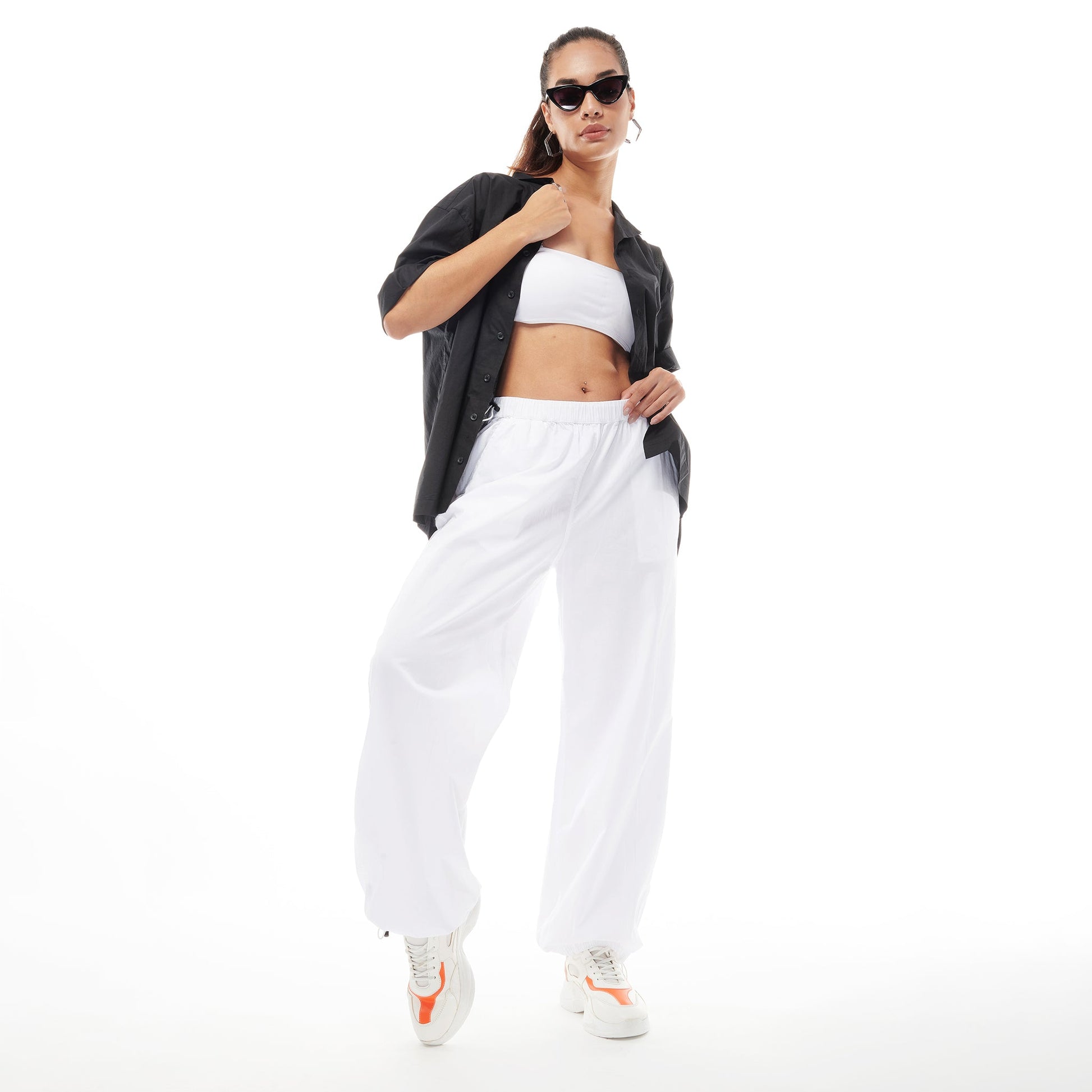 White Parachute Pants & Drip Shirt Combo for Women