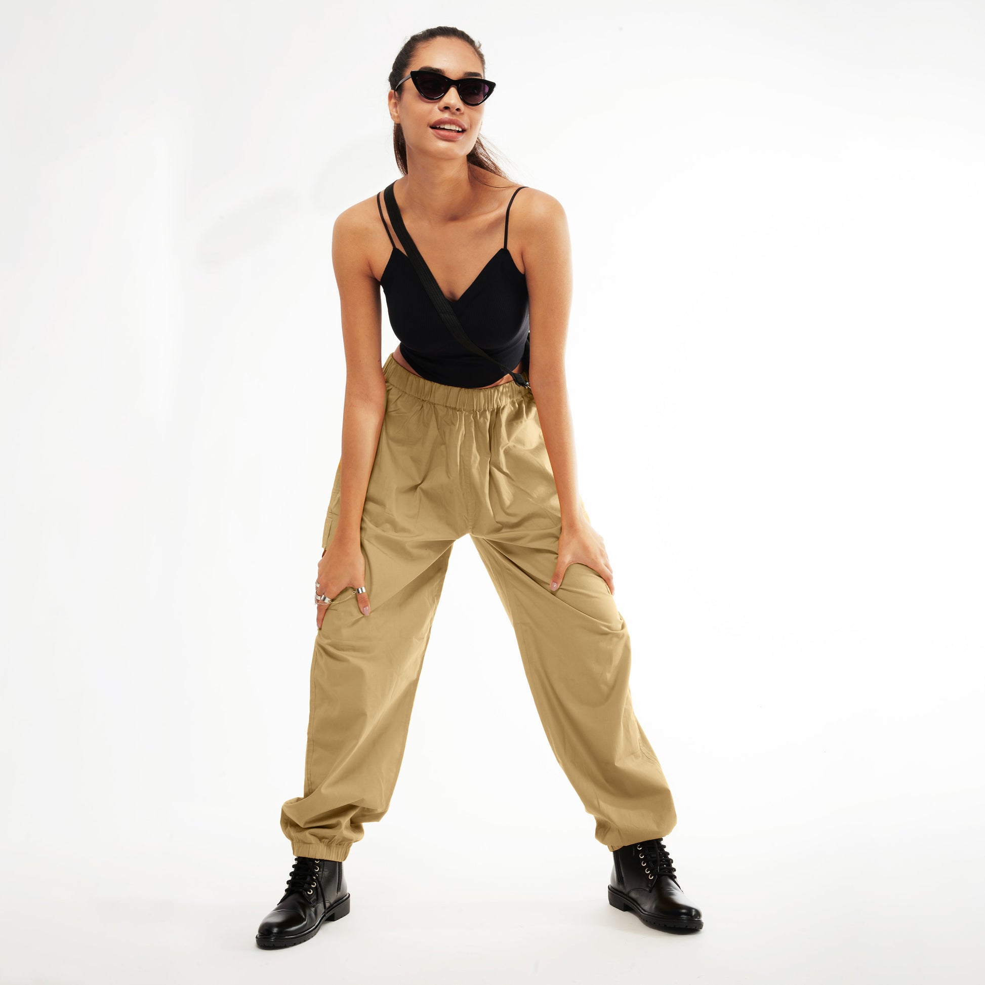 Unisex Khaki Cargo Parachute Pants