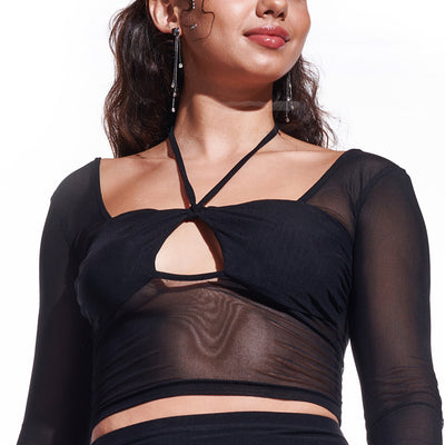 Black Cross-over long sleeve mesh top